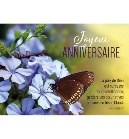 Carte "Joyeux Anniversaire" papillon posé sur des fleurs bleues