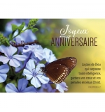Carte "Joyeux Anniversaire" papillon posé sur des fleurs bleues