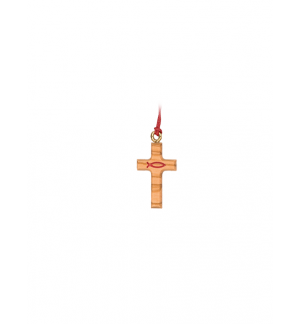 Croix ICTUS sur cordon - bois d'olivier/rouge - 3cm