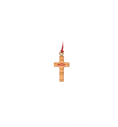 Croix ICTUS sur cordon - bois d'olivier/rouge - 3cm