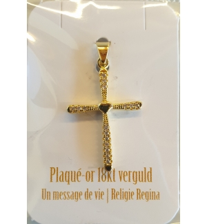Pendentif croix coeur avec pierre zircone blanc - 20mm - Plaqué-or 3um