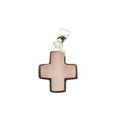 Pendentif croix nacré rose - Argent 925% rhodié- 14mm