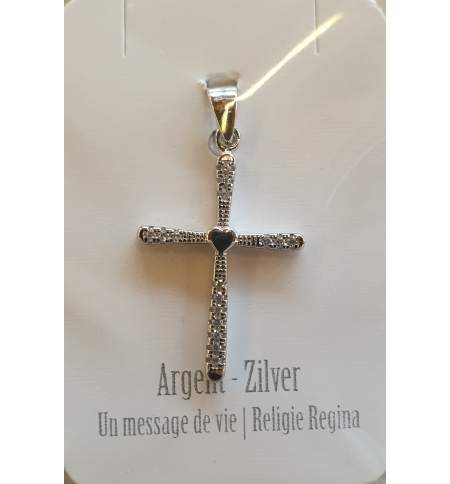 Croix pendentif/coeur avec pierre zircone blanc - 20mm - argent 925 rhodié