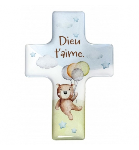 Magnet décoratif croix "Ourson" avec le "Dieu t'aime."