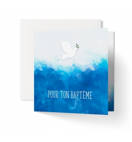 Carte Eau en aquarelle et colombe avec branche d'olivier " Pour ton baptême"