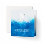 Carte Eau en aquarelle et colombe avec branche d'olivier " Pour ton baptême"