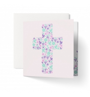 Carte Croix composée de symboles sur fond lilas