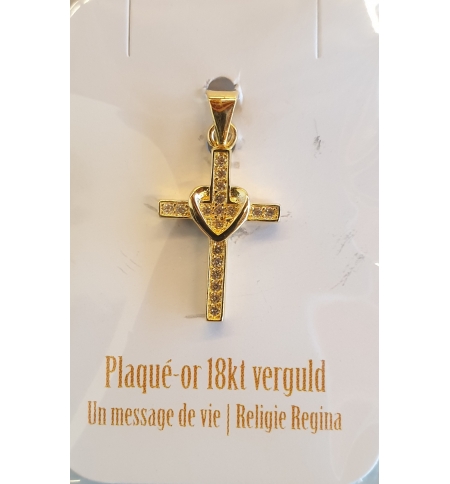 Pendentif croix avec pierre zircone blanc - 17mm - Plaqué-or 3um