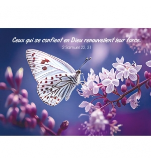 Carte Avec Verset Papillon et fleurs blanches et violettes