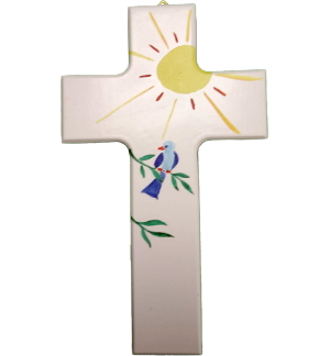 Croix en bois 9 x 15cm/blanche - Soleil/oiseau
