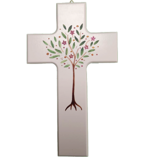 Croix en bois 9 x 15cm/blanche - Arbre de Vie